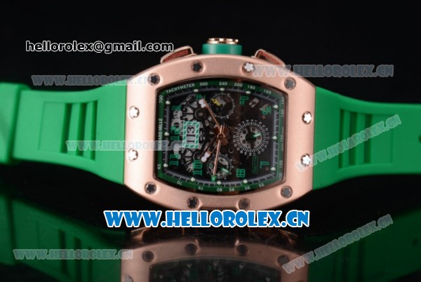 Richard Mille RM011-FM Asia ST25 Automatic Rose Gold Case with Skeleton Dial Arabic Numeral Markers and Green Rubber Strap - Click Image to Close